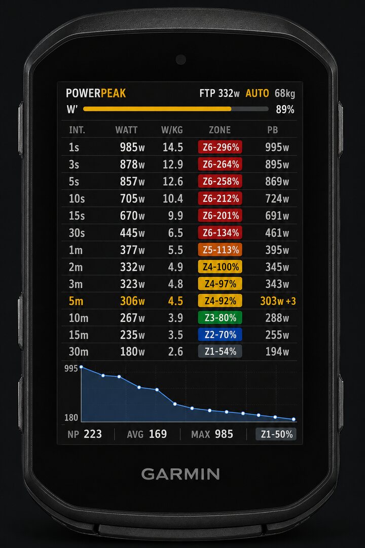 PowerPeak Live running on a Garmin Edge: the 5-minute row has just broken — 306 W against a 303 W record, +3.